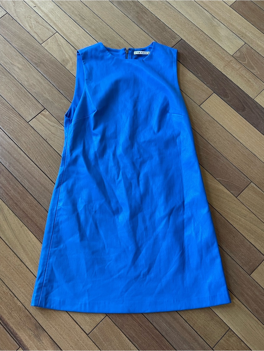Alice + Olivia Coley Palace Blue Vegan Leather Shift Dress Size 12 Edgy - Picture 5 of 13